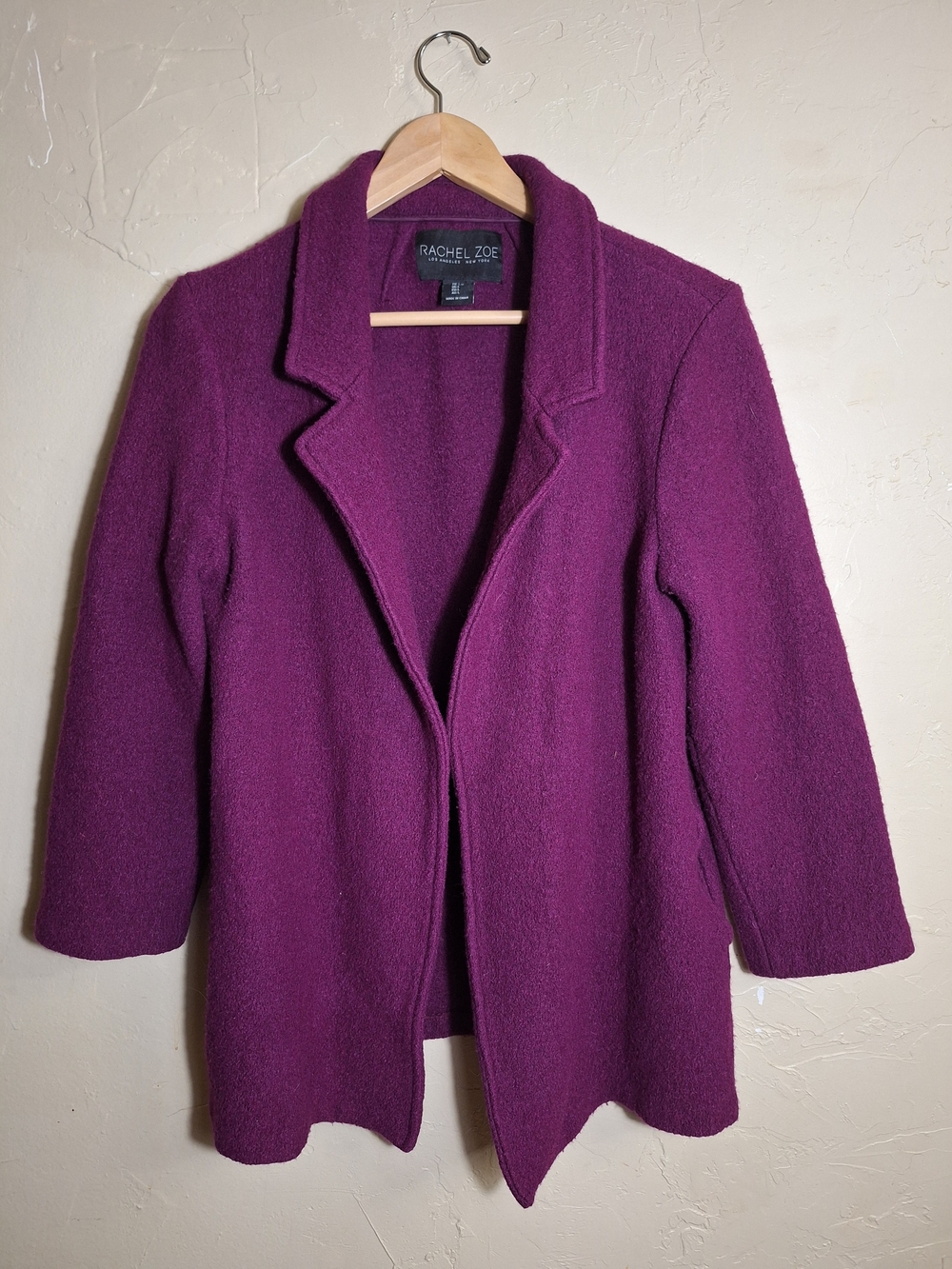 Rachel Zoe Magenta Open Front Wool Blend Cardigan Blazer Coat Large